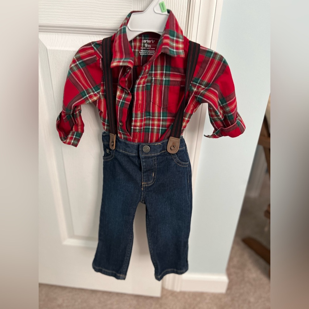 Boy - 9 month button down onsie jeans with suspenders